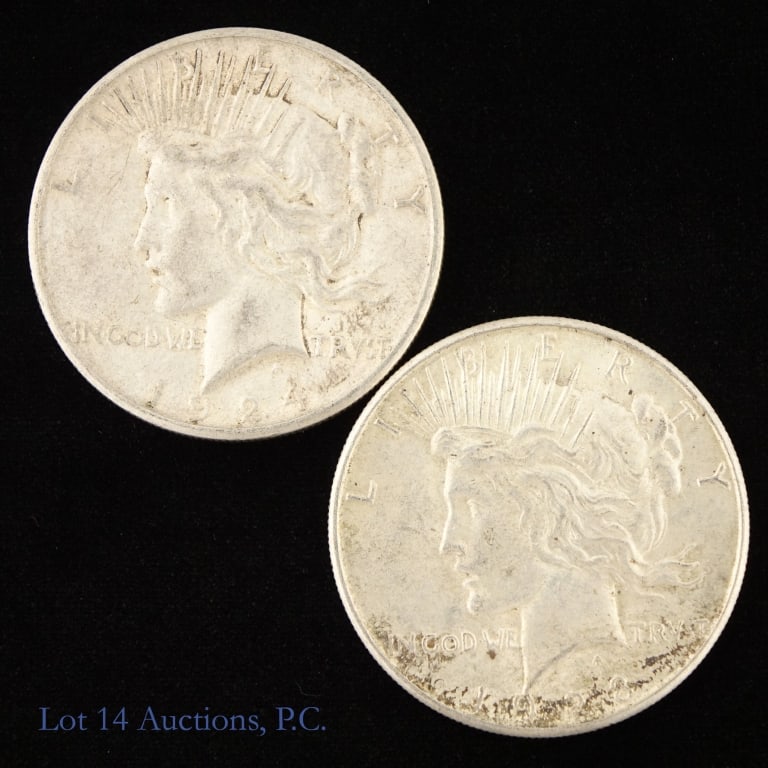 1924s & 1928s US Silver Peace Dollars, 2: Two (2) United States 90%-silver peace dollars (San Francisco Mint) with dates, mintages and PCGS survival estimates (SE) as follows: ---1924-s mintage 1,728,000 with SE of 60,000 (R-2.4); and ---1928