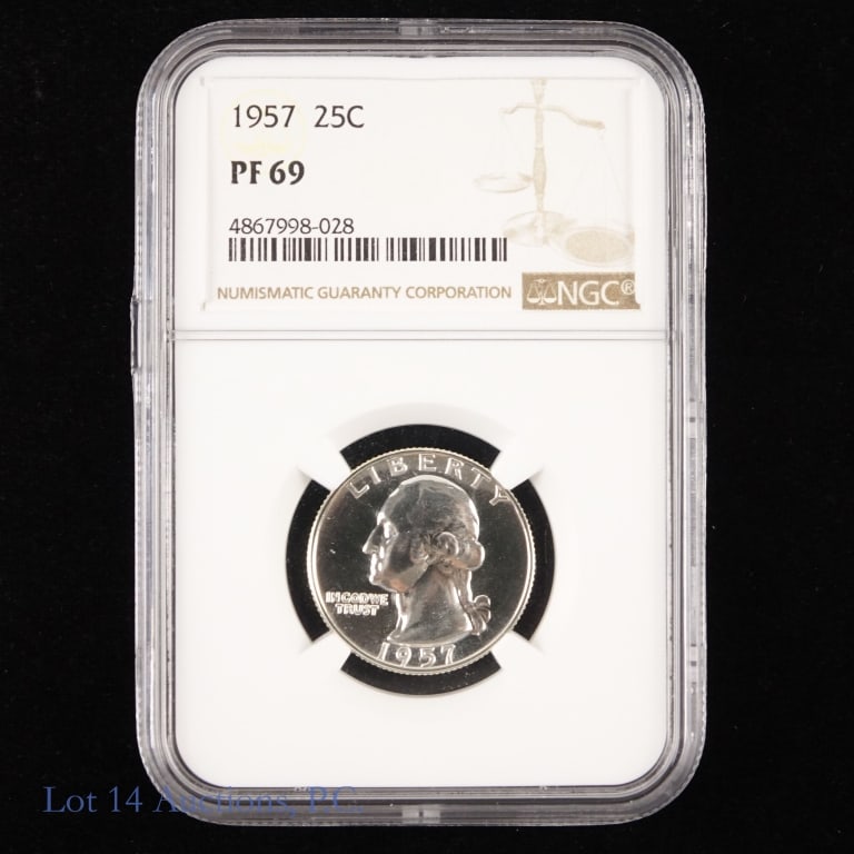 1957 US Silver Proof Wash. 25c (NGC 69): 1957 (P) silver proof Washington quarter (Philadelphia Mint). Designer is John Flanagan. NGC graded PF 69. NGC price guide value is $150. NGC population is 1,911 with an additional 148 graded higher.