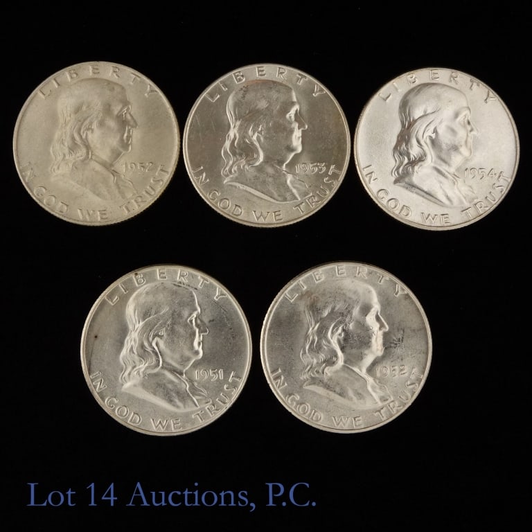 1951 - 1954 US Silver Franklin 50c, 5: Five (5) United States silver Franklin half dollars (Philadelphia Mint). *Per consigner, all have great original luster and clean open fields in choice BU condition. Metal 90% silver (lot's ASW +1.8