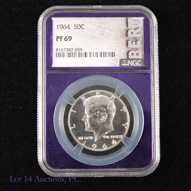 1964 US Kennedy Silver Half Dollar (NGC PF69): 1964 United States silver Kennedy half dollar (Philadelphia Mint). NGC graded PF 69. Metal is 90% silver. NGC price guide value is $135. Population 11,324 with 262 in higher grade. *** Lot 14
