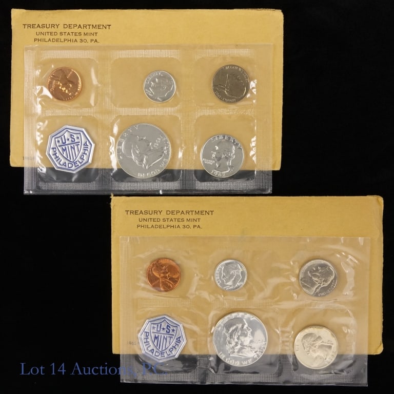1962 (P) US Silver Proof Sets, OGP, 2: Two (2) 1962 United States silver 5-coin proof set (Philadelphia Mint), in OGP with notices from US Mint. Half dollar, quarter and dime metal is 90% silver. (Lot ASW is 1.224 ozt.) Mintage is