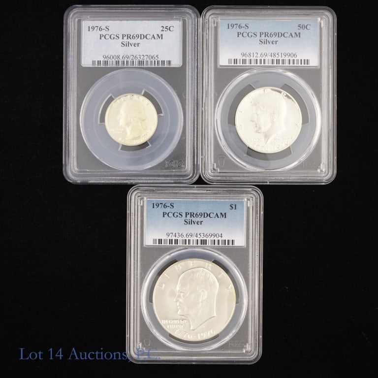 1976s Silver Proof 25c, 50c & $1 PCGS PR69 DCAM, 3: Three (3) 1976-S United States 40%-silver proof bicentennial coins (San Francisco Mint). PCGS graded PR 69 DCAM as follows: ---1976-s silver 25c PR69 DCAM; ---1976-S silver 50c PR69 DCAM; and