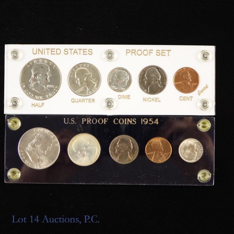 1954 & 1955 US 90%-Silver 5-Coin Sets (2): Two (2) United States silver 5-coin sets (Philadelphia Mint) in Plexiglas Capitol holders. Half dollar, quarter and dime metal is 90% silver (lot's estimated ASW is 1.23 troy ounces). Dates as