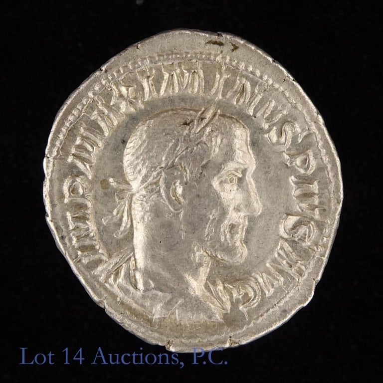 (235 CE) Roman Maximinus I Silver Denarius: (235-236 CE) Roman silver denarius (Rome Mint) in Distinctive Coins Downers Grove, Illinois holder. Per consigner, in lustrous XF condition with great overall surfaces and amazing detail. Obverse: