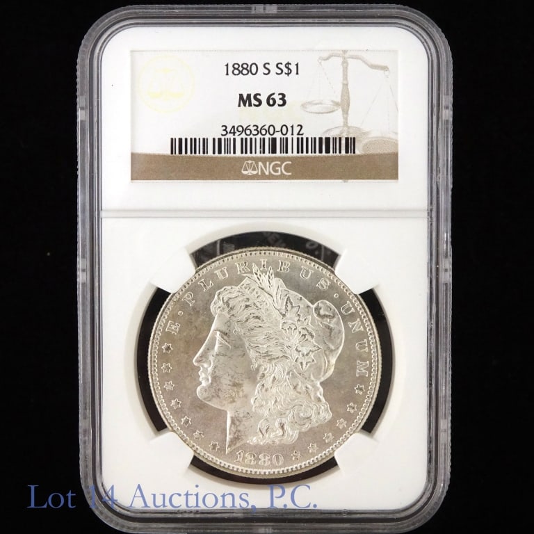 1880s US Silver Morgan Dollar (NGC MS63): 1880-S United States silver Morgan dollars (San Francisco Mint). Metal is 90% silver. NGC graded MS-63. Mintage 9 million. Greysheet wholesale price guide graded at MS-63 values is $100. ***Lot 14