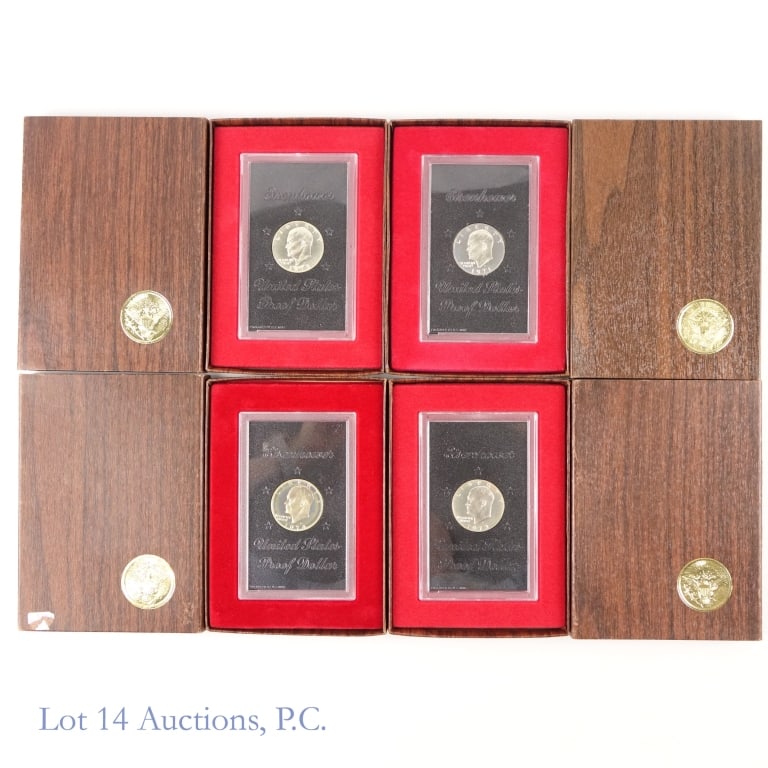 1971 - 1974 US Silver Proof IKE $1 (in OGP), 4: Four (4) United States silver proof Eisenhower dollars (San Francisco Mint) in brown OGP. Metal is 40% silver (lot ASW is 1.264 ozt). Dates as follows: ---1971-S; ---1973-S (2); and ---1974-S. ***