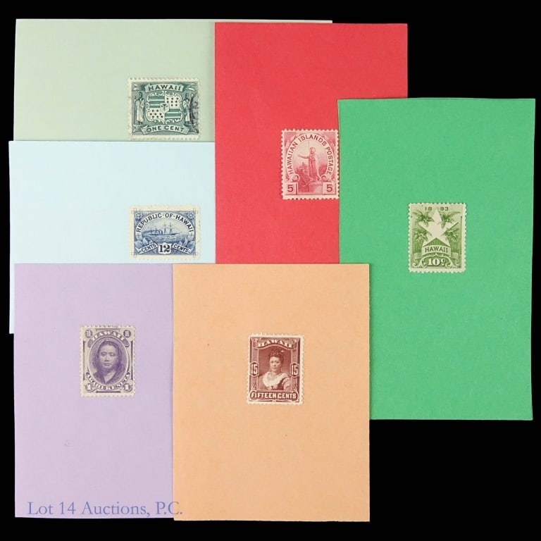 1986 - 1899 Hawaii Postage Stamps (6): Six (6) Republic of Hawaii postage stamps on color index cards as follows: ---1864-1886 princess Victoria Kamamalu violet 1 cent Akahi Keneta stamp (#H-30?); ---1882 Queen Kapiolani 15 cents stamp
