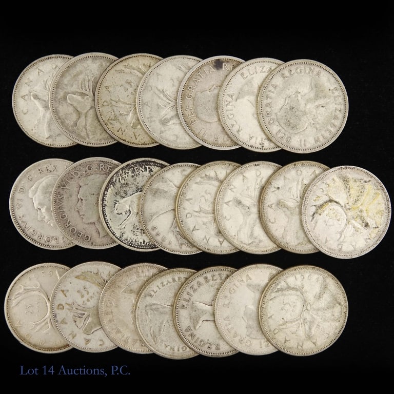 Canada 80%-Silver Quarters - ASW 3.3 Oz (22): Twenty-two (22) Canada 80%-silver quarters (Royal Canadian Mint). Reverse has the caribou. Metal is 80% silver (Lot estimated ASW 3.3 ozt. ) *** Lot 14 Auctions is not a professional numismatic