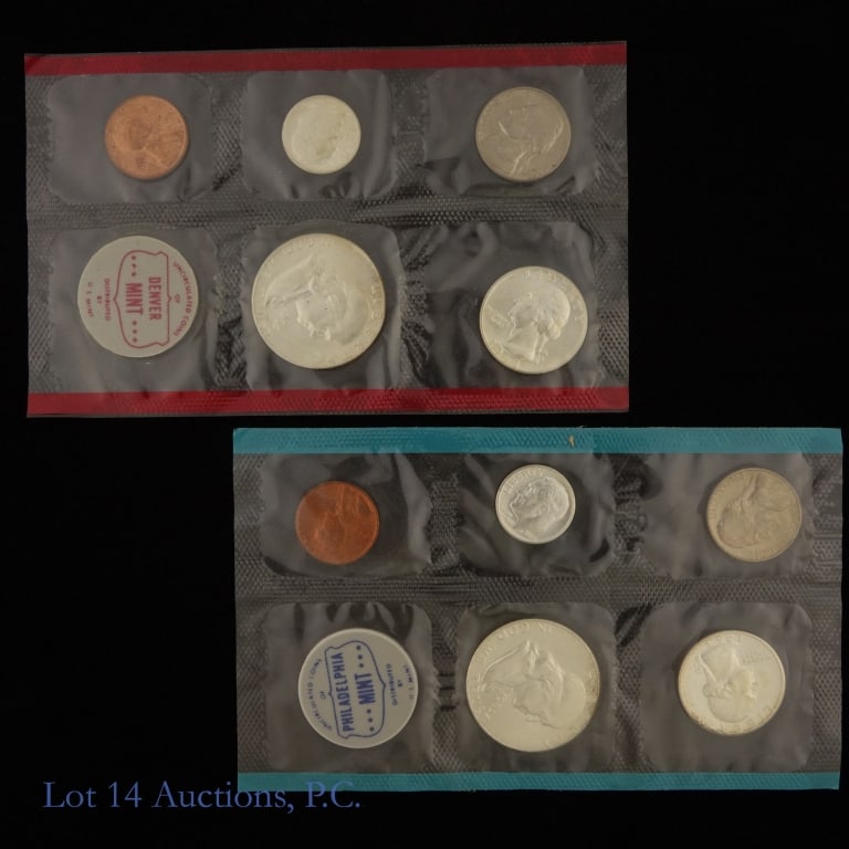 1963 P,D US 90%-Silver 10-Coin Unc. Mint Set (OGP): 1963 P,D United States 10-coin uncirculated mint set (Philadelphia, Denver Mint) in OGP w/o envelope. Half dollar, quarter and dime metal is 90%-silver (Lot ASW 1.224 ozt.). Mintage 606,612. *** Lot 1