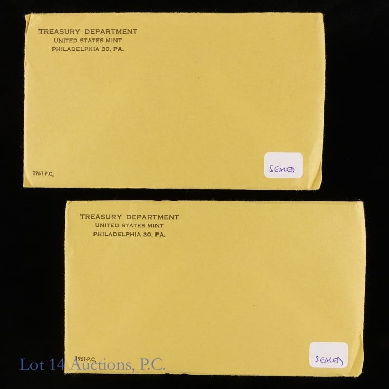 1961 (P) US Silver Proof Sets IN SEALED OGP, 2: Two (2) 1961 (P) United States silver 5-coin proof set (Philadelphia Mint) IN SEALED OGP. Per consigner, been in vault for the past 64 years and perhaps there is a cameo or two in there??? Half dollar