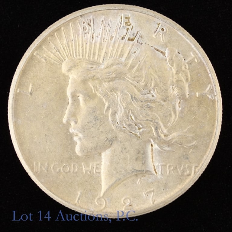 1927 (P) US Silver Peace Dollar - Key Date (*AU+): 1927 (P) United States 90%-silver peace dollar (Philadelphia Mint). *Per consigner, in AU+ condition. Mintage is 848,000 with SE of 50,000 (R-2.5), Per Greysheet, "second lowest mintage in the