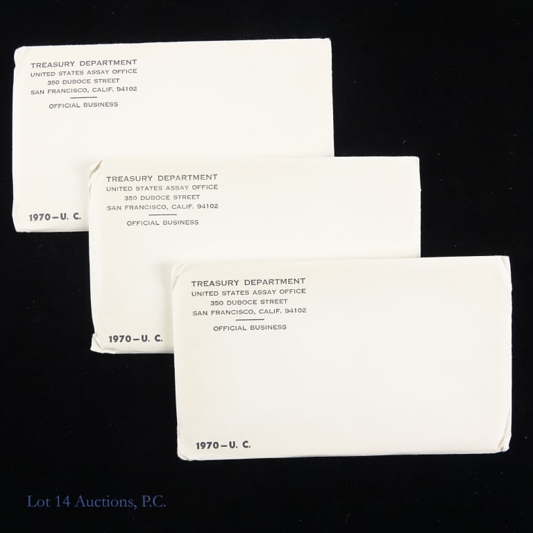 1970 P,D,S US 40%-Silver Unc Mint Sets (3): Three (3) 1970 P,D,S United States silver uncirculated 10-coin mint sets (Philadelphia, Denver, San Francisco Mints) in OGP. Includes one 1970-D 40%-silver Kennedy half dollars in each set. Lot estima