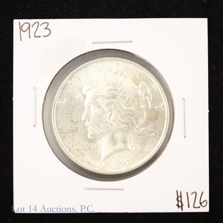 1923 (P) USA 90%-Silver Peace Dollar (BU): 1923 (P) United States silver peace dollar (Philadelphia Mint). Per consigner, in BU condition. Metal is 90% silver (ASW 0.7734 ozt.) *** Lot 14 Auctions is not a professional numismatic grading assoc