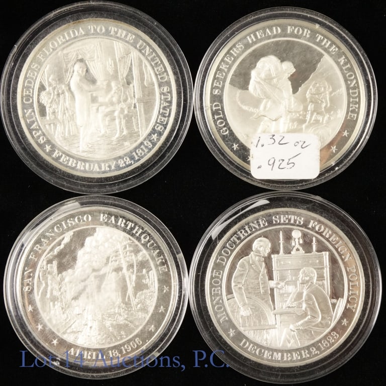 92.5%-Silver History U.S. Medals (ASW 4.6 Oz), 4: Four (4) United States (1966 - 1977) silver proof history of the U.S. series medals (Franklin Mint). Metal is 92.5%-silver, weighs 600 grains (38.9 grams - ASW 1.16 ozt.) each medal, and diameter 45 m