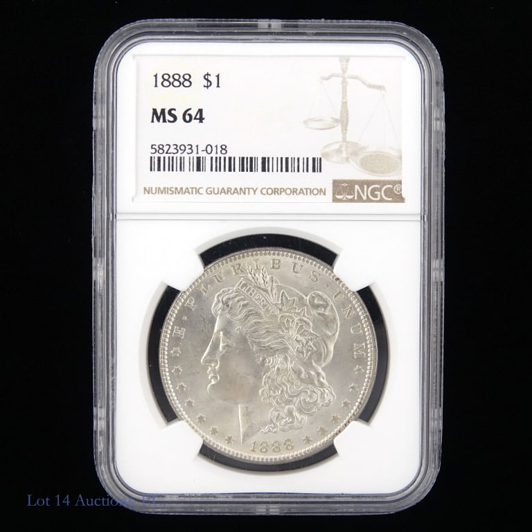1888 US Silver Morgan Dollar (NGC MS64): 1888 (P) United States silver Morgan dollar (Philadelphia Mint). NGC graded MS-64. Metal is 90% silver. Greysheet wholesale price guide value graded at MS-64 is $120. ***Lot 14 Auctions is not a profe
