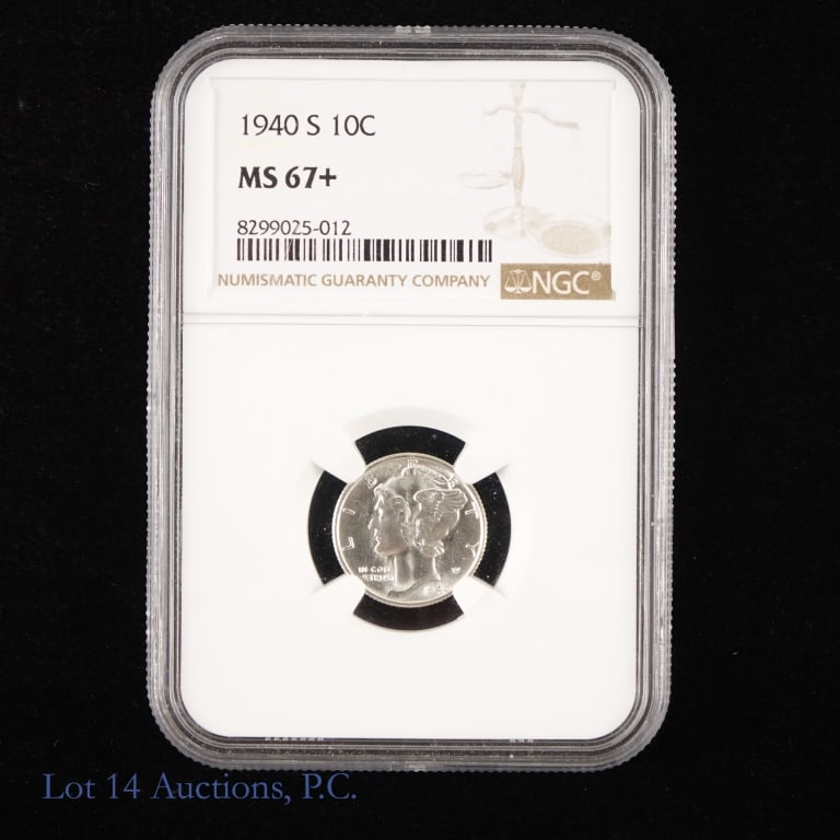 1940-S US Silver Mercury 10c (NGC MS 67+): 1940-S United States 90%-silver mercury dime (San Francisco Mint). NGC graded MS 67+. NGC price guide value is $225. NGC population is 36 with an additional 31 graded higher. *** Lot 14 Auctions is no