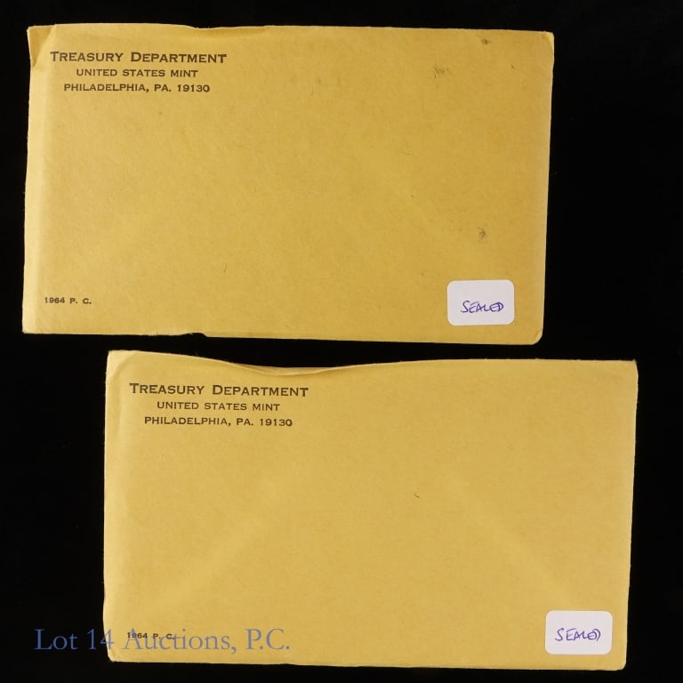 1964 (P) US Silver Proof Sets IN SEALED OGP, 2: Two (2) 1964 United States silver 5-coin proof sets (Philadelphia Mint) IN SEALED OGP. Half dollar, quarter and dime metal is 90% silver. Per consigner, been in vault for past 61 years. Possible rare 