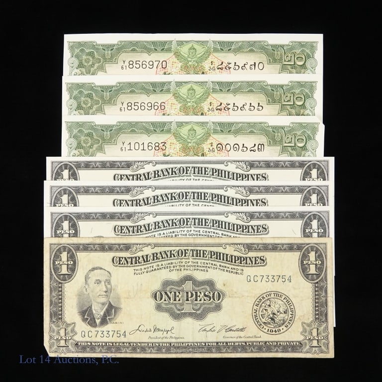 Philippines & Thailand Banknotes (7): Seven (7) Philippines and Thailand banknotes, most in CU condition as follows: ---"1949" Philippines 1 peso notes with obverse Apolinario Mabini facing right and reverse image of Barasoain Church