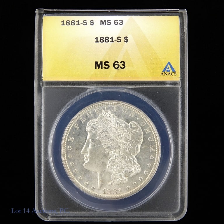 1881-S US Silver Morgan Dollar (ANACS MS63): 1881-S United States silver Morgan dollar (San Francisco Mint). ANACS graded MS 63. Metal is 90% silver. Mintage 12,760,000. ***Lot 14 Auctions is not a professional numismatic grading agency. Consign