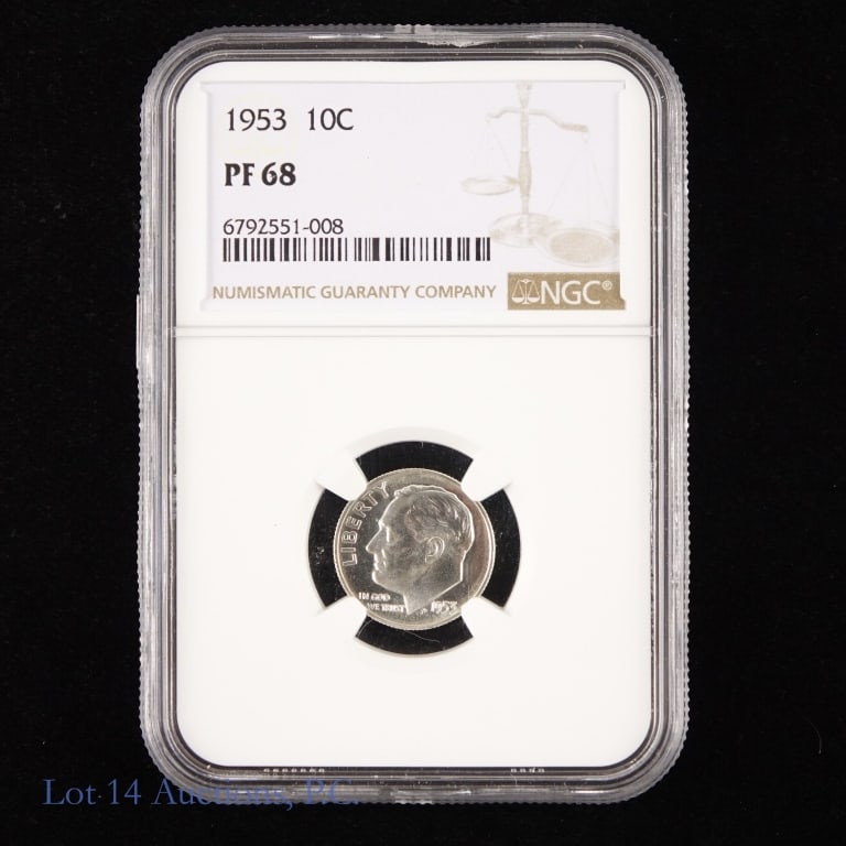 1953 US Silver Roosevelt 10c (NGC PF 68): 1953 (P) silver Roosevelt dime. NGC graded PF 68. NGC price guide value is $175. NGC population is 765 with an additional 126 graded higher. *** Lot 14 Auctions is not a professional numismatic gradin