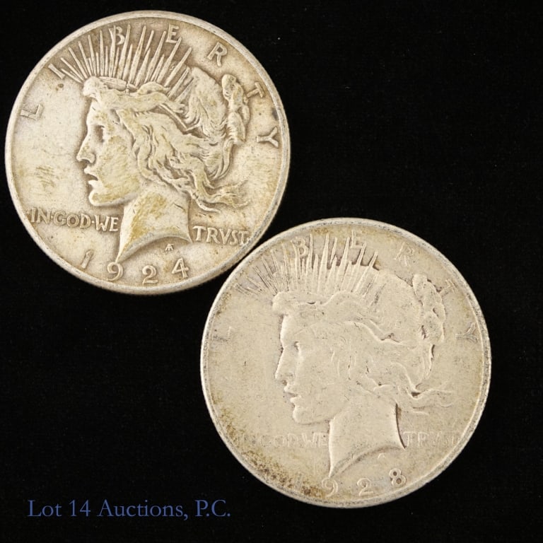 1924s & 1928s US Silver Peace Dollars, 2: Two (2) United States 90%-silver peace dollars (San Francisco Mint) with dates, mintages and PCGS survival estimates (SE) as follows: ---1924-s mintage 1,728,000 with SE of 60,000 (R-2.4); and ---1928