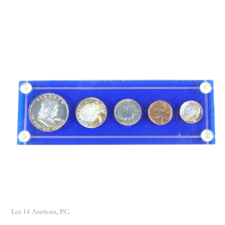 1955 (P) US Silver Proof 5-Coin Set: 1955 United States silver proof 5-coin set (Philadelphia Mint) in Plexiglas Capitol holder. The dime, quarter and half dollar coin's metal is 90% silver. Mintage is 378,200. Greysheet price guide valu