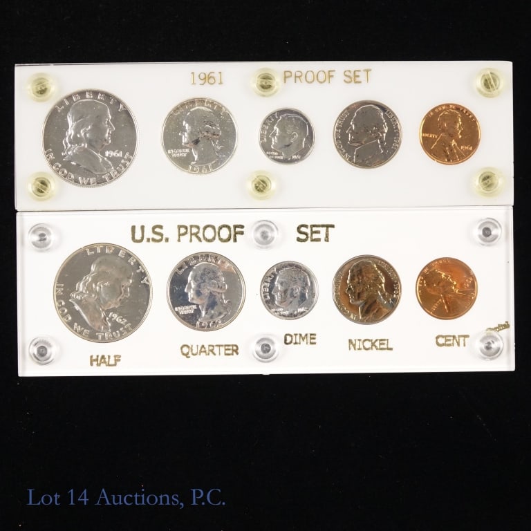 1961 & 1962 US 90%-Silver Proof 5-Coin Sets, 2: Two (2) United States silver 5-coin sets (Philadelphia Mint) in white Plexiglas Capitol holders. Half dollar, quarter and dime metal is 90% silver (lot's estimated ASW is 1.23 troy ounces). Dates as f