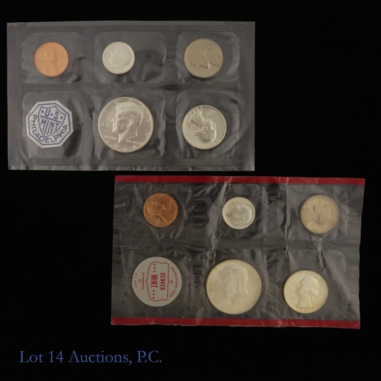 1964 P,D US 90%-Silv Proof/Mint 5-Coin Sets OGP, 2: Two (2) 1964 P,D United States 5-coin proof and mint sets (Philadelphia, Denver Mints) in OGP w/o envelopes. Half dollar, quarter and dime metal is 90%-silver (Lot ASW 1.224 ozt.). Details as follows: