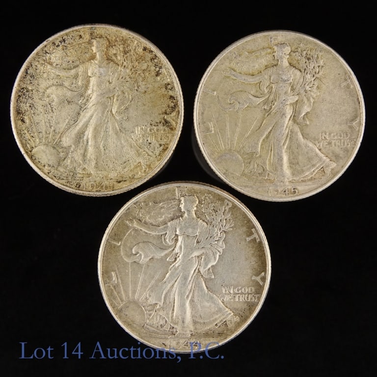 1941 - 1945 US Silver W/L 50c, 3: Three (3) United States silver walking liberty half dollars (Philadelphia, Denver Mints). *Per consigner, with original surfaces in XF condition and nicer than most which are available. Metal 90% silv