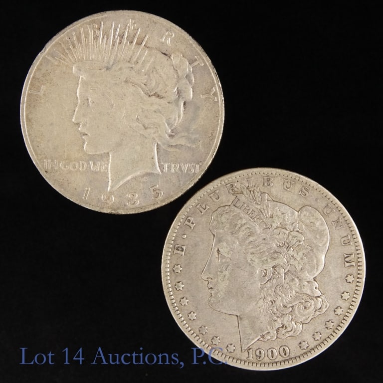 1900o & 1935s US Silver Dollars (*Better Dates), 2: Two (2) United States silver dollars (New Orleans, San Francisco Mints). *Per consigner, better dates . Metal is 90%-silver (ASW 1.546 ozt.). Details as follows: ---1900-O Morgan $1 has gun metal look