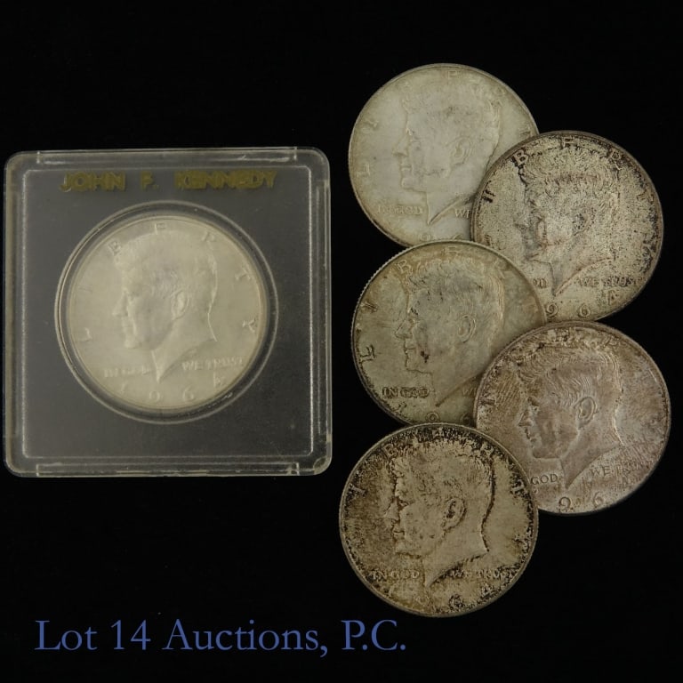 1964 US 90%-Silver Kennedy 50c (ASW 2.1 Ozt), 6: Six (6) 1964 (P) & D United States 90%-silver Kennedy half dollars (Philadelphia, Denver Mints). Metal is 90% silver with estimated lot ASW of 2.17 ozt. *** Lot 14 Auctions is not a professional numis