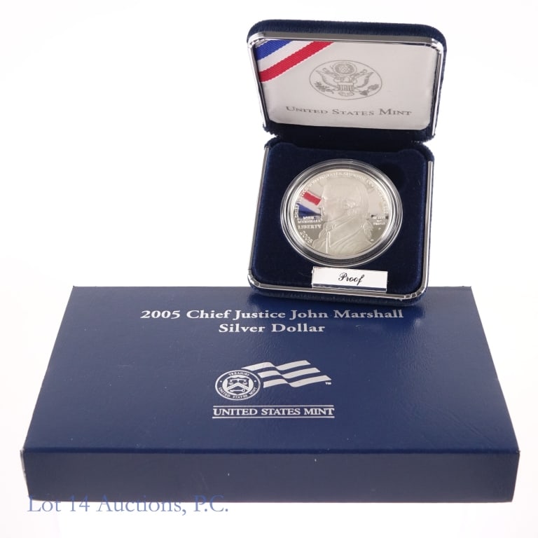 2005 (P) USA Silv. Proof Chief Justice Marshall $1: 2005 (P) United States silver proof DCAM Chief Justice John Marshall dollar (Philadelphia Mint) in OGP with COA. Metal is 90% silver (ASW 0.7734 ozt.). Mintage 196,753. *** Lot 14 Auctions is not a pr