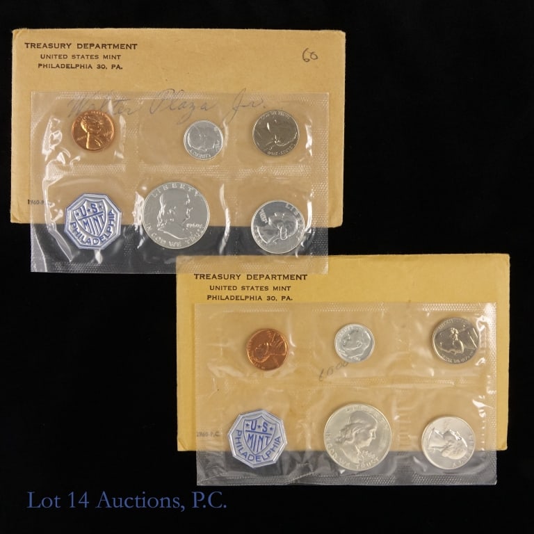 1960 (P) US Silver Proof Sets, OGP, 2: Two (2) 1960 (P) US 5-coin 90%-silver proof sets (Philadelphia Mint) in OGP with inspection notes. Half dollar, quarter, and dime's metal is 90% silver. Mintage 1,691,602. *** Lot 14 Auctions is not a