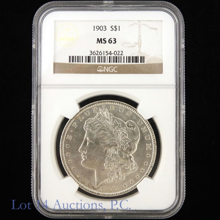 1903 (P) US Silver Morgan Dollar (NGC MS63): 1903 (P) United States silver Morgan dollars (Philadelphia Mint). Metal is 90% silver. NGC graded MS-63. Mintage is 4,652,000 with a PCGS survival estimate of 100,000 (R-2.0) at grades 60 or better.