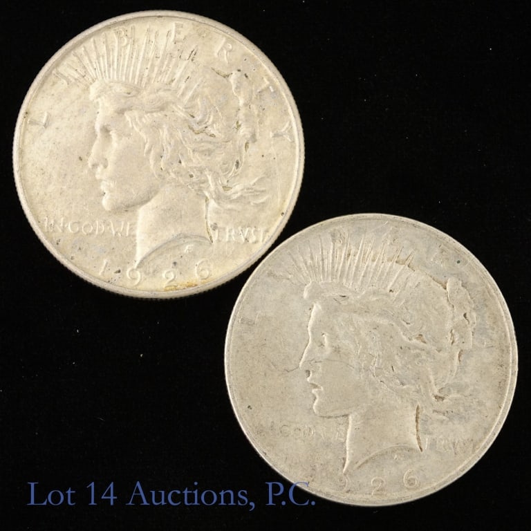 1926-D,S US Silver Peace Dollars, 2: Two (2) United States 90%-silver peace dollars (San Francisco Mint) with dates, mintages and PCGS survival estimates (SE) as follows: ---1926-D mintage 2,348,700 with SE of 200,000 (R-1.9); and ---192