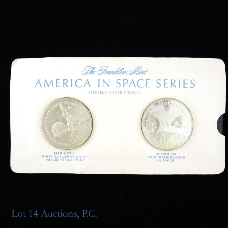 1970-fm 92.5% Silver America in Space Medals, 2: Two (2) 1970 United States 92.5% silver proof Americans in Space Series medals (Franklin Mint) in original packaging. Metal is 92.5% silver, weights 26.3 grams (ASW 0.782 ozt.) each medal and diameter