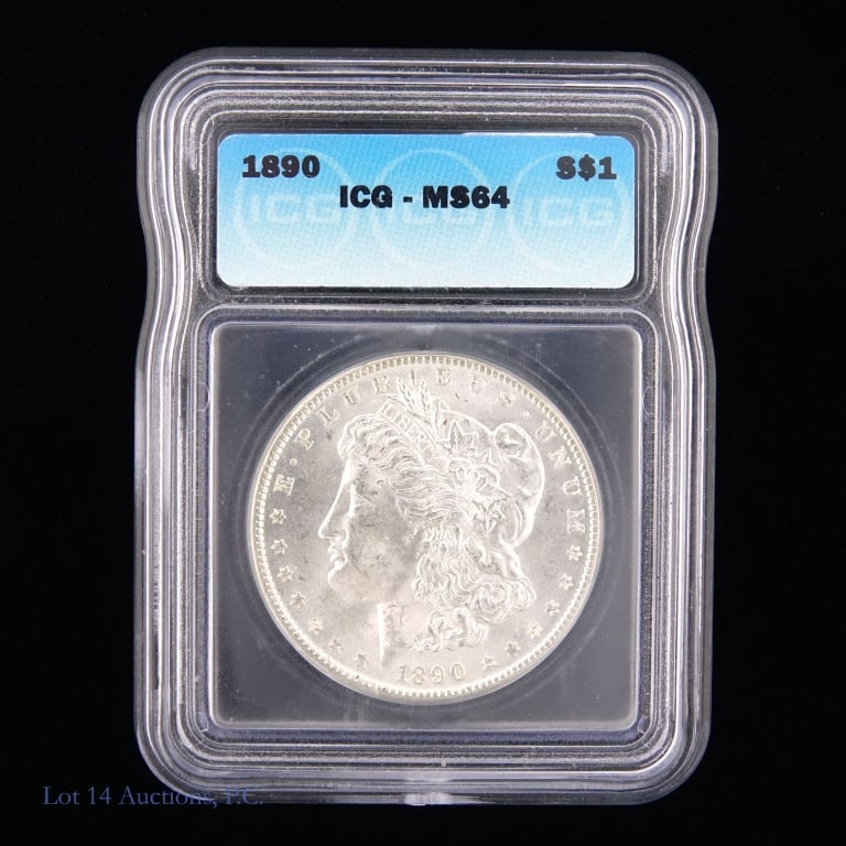 1890 (P) US Silver Morgan Dollar (ICG MS64): 1890 (P) United States silver Morgan dollar (Philadelphia Mint). ICG slabbed MS64. Metal is 90% silver. Greysheet retail price guide at MS-64 is $160. ***Lot 14 Auctions is not a professional numismat