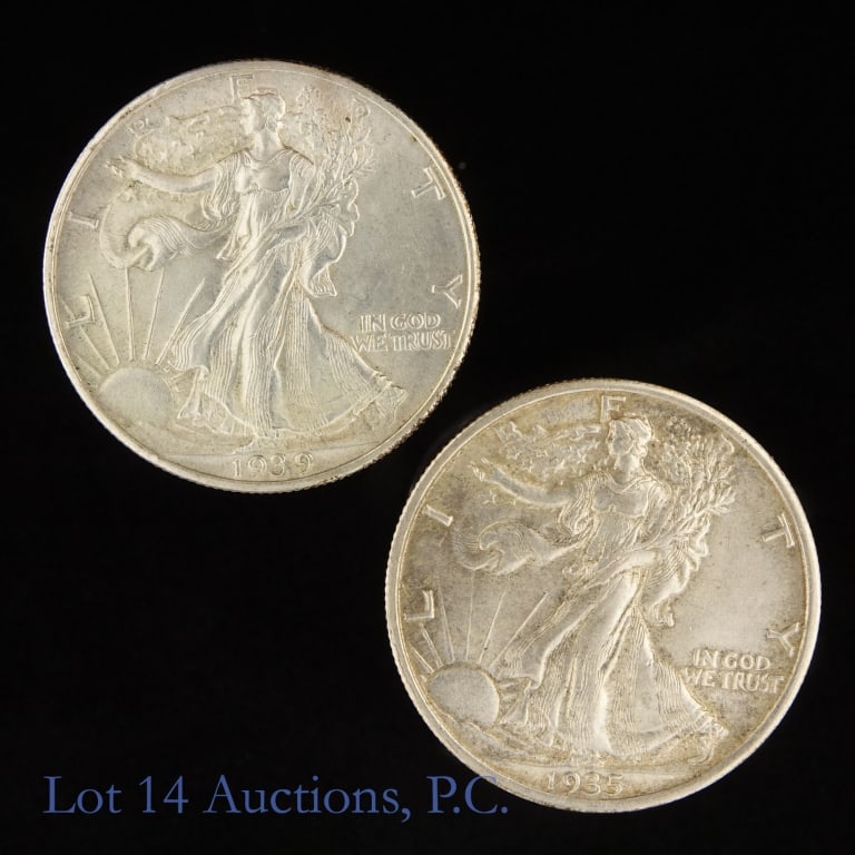 1935 & 1939-D US Silver W/L 50c , 2: Two (2) United States silver walking liberty half dollars (Philadelphia, Denver Mints). *Per consigner, tough to find in CH BU condition due to impact on 1929 depression. Metal 90% silver (ASW 0.723 o