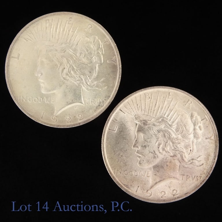 1922 (P) US Silver Peace Dollar, 2: Two (2) 1922 (P) United States silver peace dollars (Philadelphia Mint). *Per consigner, both with halo on reverse and in BU to CH BU condition. One is from an original roll which features great luste