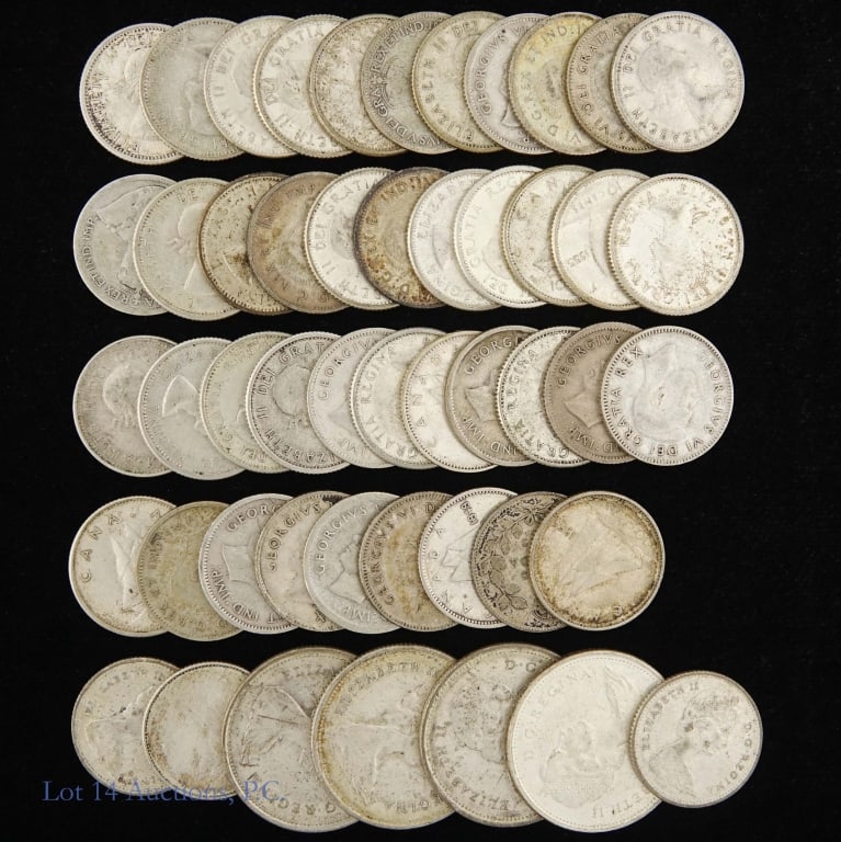 Canada Silver & Clad Coins (ASW 2.9 Ozt), 49: Forty-nine (49) Canada silver and clad coins with estimated ASW of 2.9 ozt. as follows: ---80% silver dimes (ASW = 2.52 ozt) (42); ---1968 50%-silver quarters (ASW = 0.376 ozt.) (4); and ---1968 clad 
