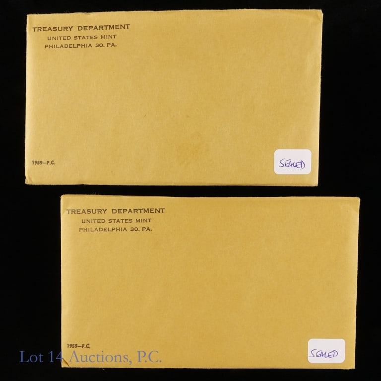 1959 (P) US Silver Proof Sets IN SEALED OGP, 2: 1959 (P) United States Mint 5-coin 90%-silver proof sets (Philadelphia Mint) IN SEALED OGP. Mintage is 1,149,291. Per consigner, been in a vault for the past 66 years, perhaps there is a cameo or two 