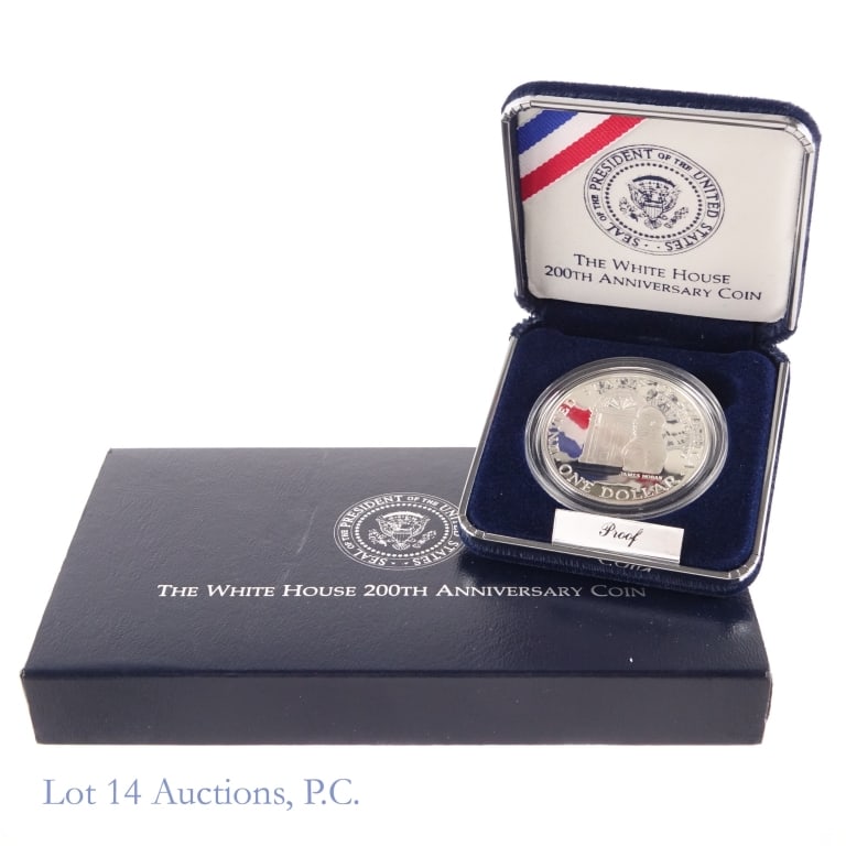 1992-W US White House Silver Proof $1 (OGP/COA): 1992-W United States silver proof DCAM White House 200th anniversary commemorative dollar (West Point Mint) in OGP with COA. Metal is 90% silver (ASW 0.7734 ozt.). Mintage 375,851. *** Lot 14 Auctions