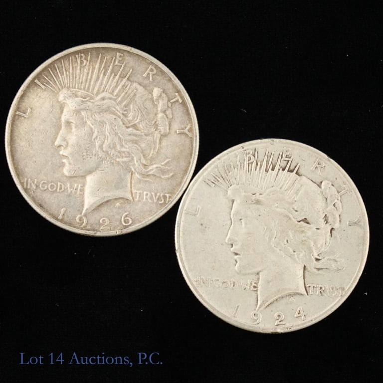1924s & 1926s US Silver Peace Dollars, 2: Two (2) United States 90%-silver peace dollars (San Francisco Mint) with dates, mintages and PCGS survival estimates (SE) as follows: ---1924-s mintage 1,728,000 with SE of 60,000 (R-2.4); and ---1926