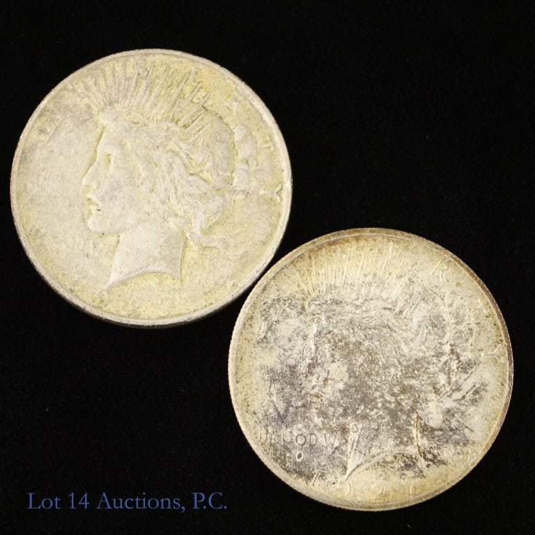 1927 & 1927d US Silver Peace Dollars, 2: Two (2) United States 90%-silver peace dollars (Philadelphia, Denver Mints) with dates, mintages and PCGS survival estimates (SE) as follows: ---1927 (P) mintage 848,000 with SE of 50,000 (R-2.5); and