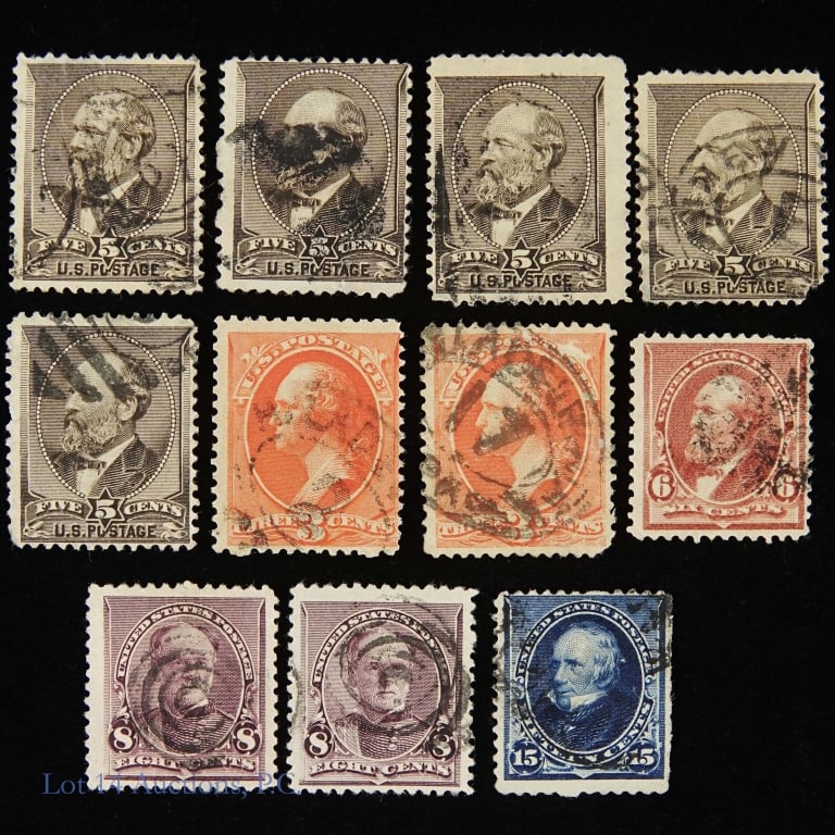 1892-1893 US Postage Stamps (Used), 11: Eleven (11) United States postage stamps - used stored in dealer covers as follows: ---1882 James A. Garfield, yellow brown 5 cents (#205) (5); ---1887 Washington, vermilion 3 cents (#214) (2); ---189
