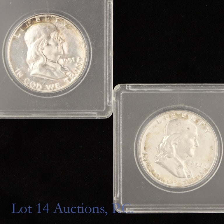 1951 & 1954 US Silver Proof Franklin 50c (2): Two (2) United States 90%-silver proof Franklin half dollars (Philadelphia Mint) in 2x2 plastic holders. Per consigner, in proof condition with minor tarnishing as follows: ---1951 (P) proof mintage 5