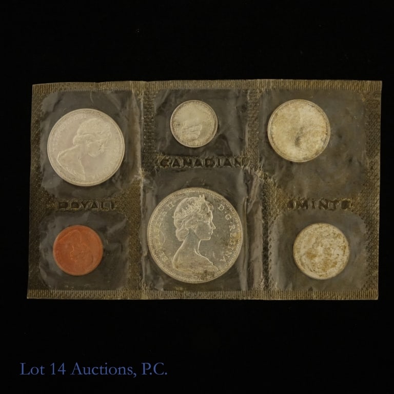 1965 Canada Silver 6-Coin Mint Set (P/L): 1965 Canada silver 6-coin mint set (Royal Canadian Mint) in OGP. Set contains 1.11 ozt of silver. The 10 cents - $1 coins are 80% silver. *** Lot 14 Auctions is not a professional numismatic grading a