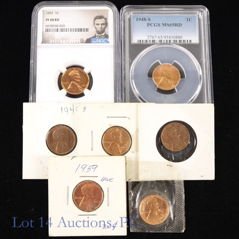 US Lincoln Cents Graded & Raw (7): Seven (7) United States graded and ungraded Lincoln cents: ---graded: --1948-S (PCGS MS 65 RD) with PCGS SE of 7,500 (R-3.5) in grades 65 or better, and --1957 (P) (NGC PF 68 RD) price guide value is 