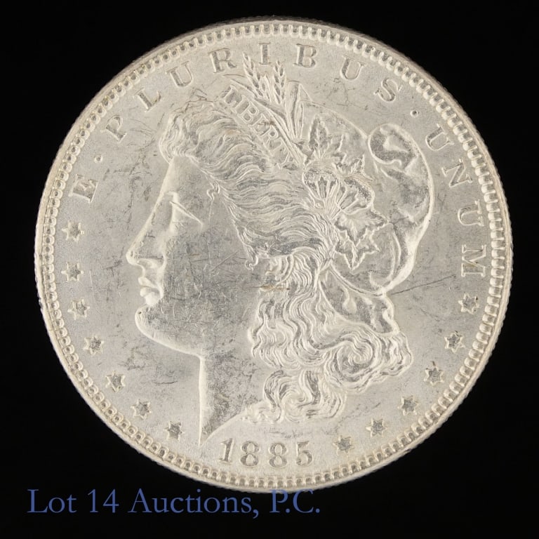 1885 (P) US Silver Morgan Dollar: 1885 (P) United States silver Morgan dollar (Philadelphia Mint). *Per consigner, from an original bag of 1000 coins and has good luster in BU condition. Metal is 90%-silver (ASW 0.7734 ozt.). *** Lot 