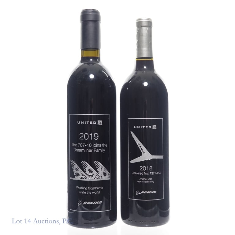 United Airlines Boeing 2018 737 & 2019 787 Wines: 2018 United Airlines Boeing Delivered First 737 Max red wine *** 2019 United Airlines Boeing The 787 -10 Joins The Dreamliner Family red wine.